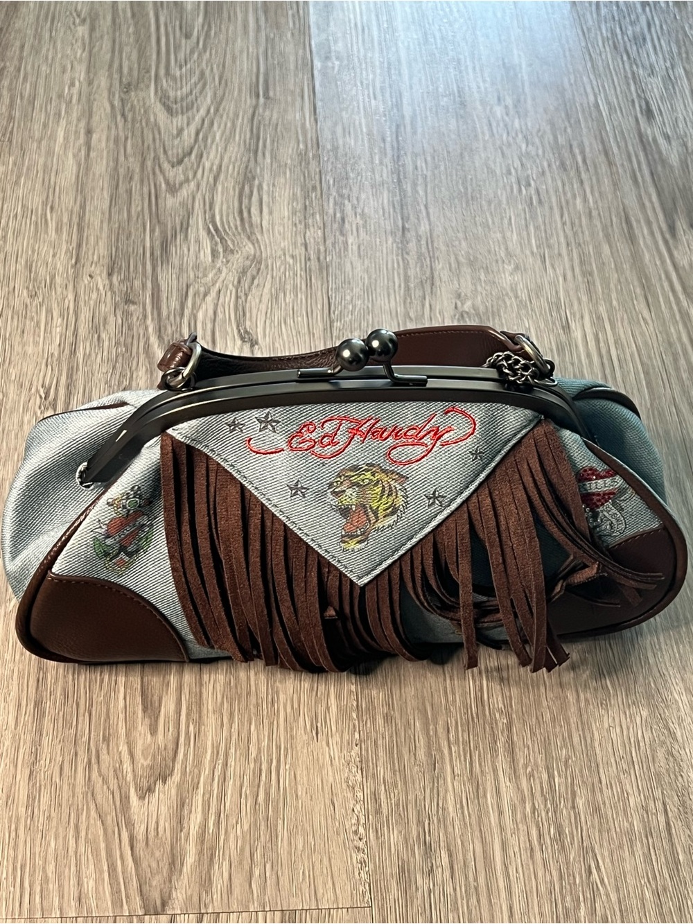 Ed Hardy Brown and Light Denim Fringe Clutch